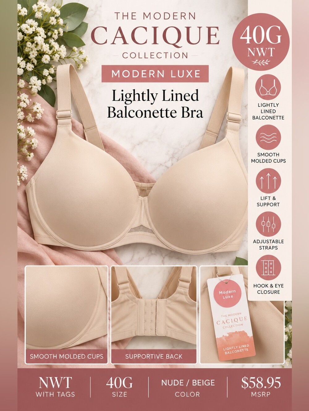 NWT Cacique Modern Luxe Lightly Lined Balconette Bra 40G Nude